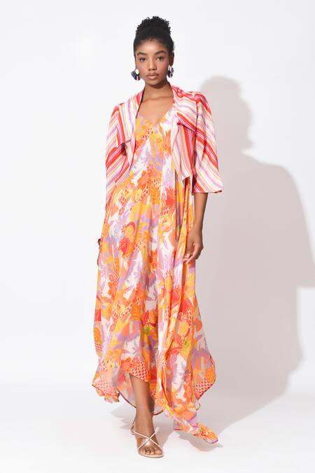 Buy Rishi and Vibhuti Orange Crepe V-, Open Carbie Chic Floral Print Dress With Jacket Online at Aza Fashions Buy_Rishi and Vibhuti_Orange Crepe V-, Open Carbie Chic Floral Print Dress With Jacket _Online_at_Aza_Fashions