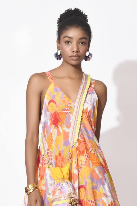 Rishi and Vibhuti_Orange Crepe V-neck Caribe Chic Floral Print Maxi Dress _Online_at_Aza_Fashions