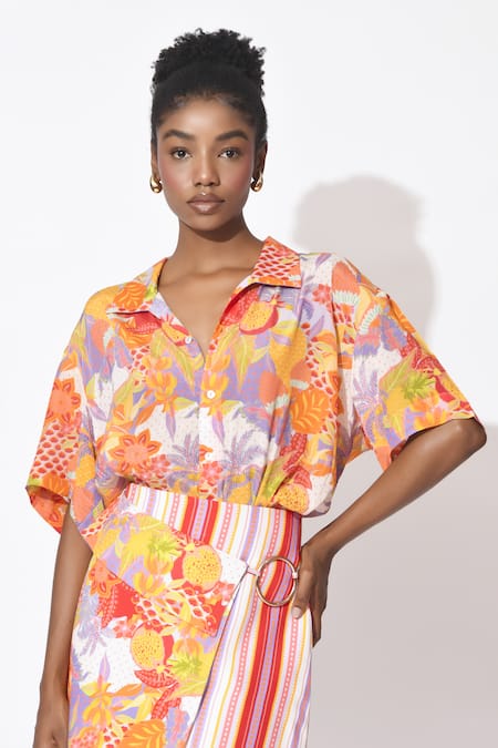 Rishi and Vibhuti_Orange Crepe Embroidery Collared Mini Duo Floral Printed Shirt With Skirt _Online_at_Aza_Fashions