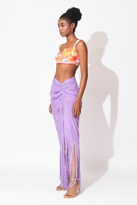 Rishi and Vibhuti Lavender Mist Print Top With Ruched Skirt