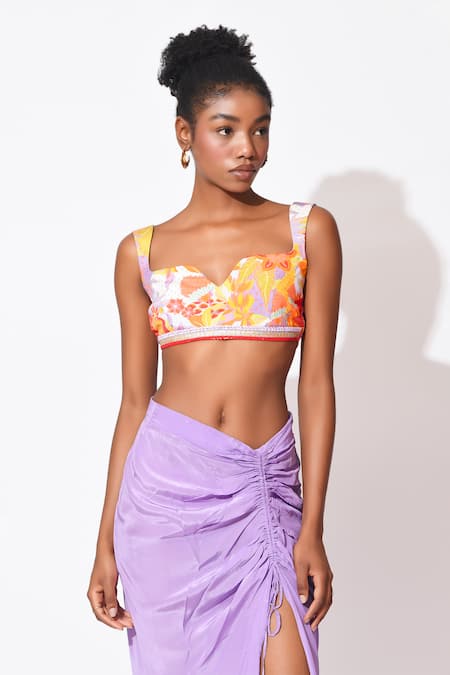 Buy Rishi and Vibhuti Orange Crepe Embroidery, Cut Work, Lavender Mist Print Top With Ruched Skirt Online at Aza Fashions Buy_Rishi and Vibhuti_Orange Crepe Embroidery, Cut Work, Lavender Mist Print Top With Ruched Skirt _Online_at_Aza_Fashions