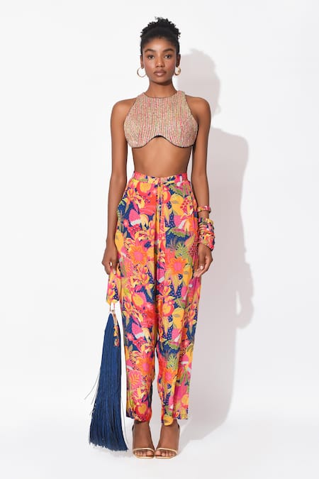 Rishi and Vibhuti_Multi Color Crepe Embroidery Round Electric Blitz Bustier With Printed Pant _Online_at_Aza_Fashions
