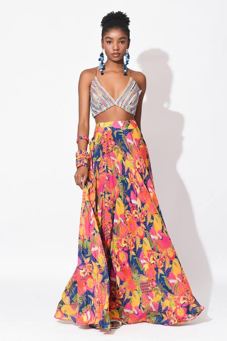 Shop_Rishi and Vibhuti_Multi Color Crepe, Organza Sequins, Electric Dream Floral Lehenga Set _Online_at_Aza_Fashions