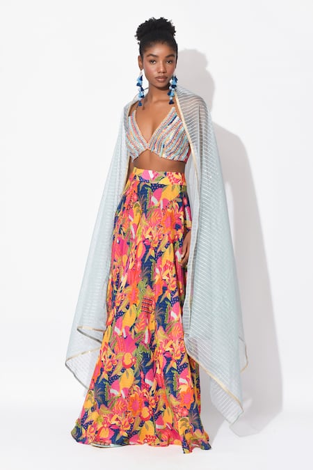 Rishi and Vibhuti_Multi Color Crepe, Organza Sequins, Electric Dream Floral Lehenga Set _at_Aza_Fashions