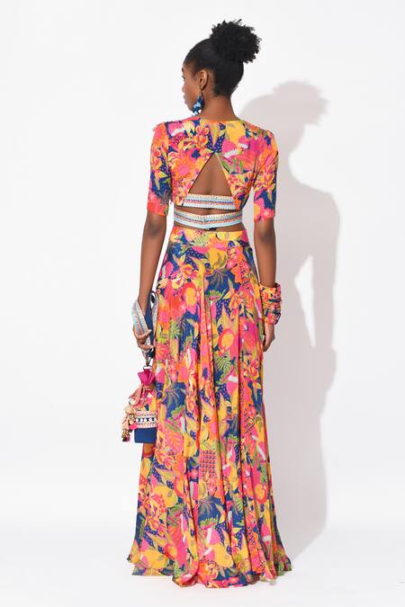 Rishi and Vibhuti Radiant Spectrum Floral Embroidered Top With Skirt