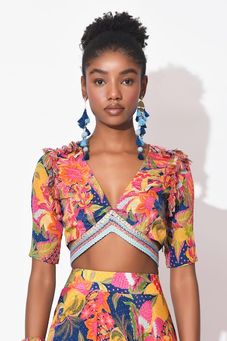 Rishi and Vibhuti Multi Color Crepe Tassels, Embroidery, Radiant Spectrum Floral Top With Skirt Online at Aza Fashions Rishi and Vibhuti_Multi Color Crepe Tassels, Embroidery, Radiant Spectrum Floral Top With Skirt _Online_at_Aza_Fashions