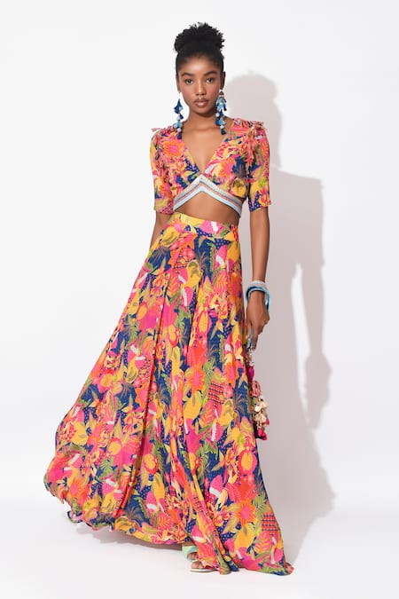 Buy Rishi and Vibhuti Multi Color Crepe Tassels, Embroidery, Radiant Spectrum Floral Top With Skirt Online at Aza Fashions Buy_Rishi and Vibhuti_Multi Color Crepe Tassels, Embroidery, Radiant Spectrum Floral Top With Skirt _Online_at_Aza_Fashions