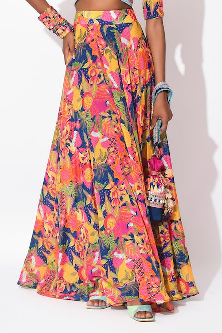 Shop Rishi and Vibhuti Multi Color Crepe Tassels, Embroidery, Radiant Spectrum Floral Top With Skirt Online at Aza Fashions Shop_Rishi and Vibhuti_Multi Color Crepe Tassels, Embroidery, Radiant Spectrum Floral Top With Skirt _Online_at_Aza_Fashions