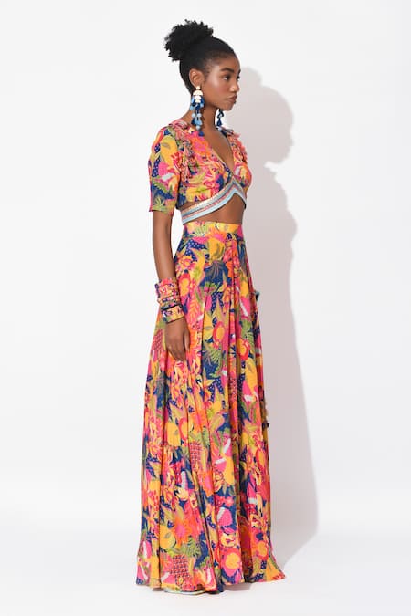 Rishi and Vibhuti Multi Color Crepe Tassels, Embroidery, Radiant Spectrum Floral Top With Skirt at Aza Fashions Rishi and Vibhuti_Multi Color Crepe Tassels, Embroidery, Radiant Spectrum Floral Top With Skirt _at_Aza_Fashions