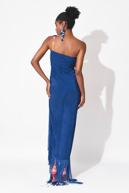 Rishi and Vibhuti Blue Crepe Embroidery Sequins One Shoulder Fusion Flame Gown  2