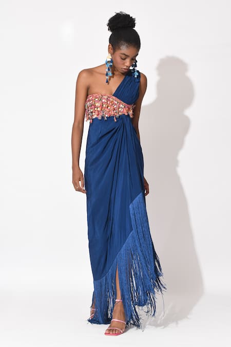 Rishi and Vibhuti Blue Crepe Embroidery Sequins One Shoulder Fusion Flame Gown  3