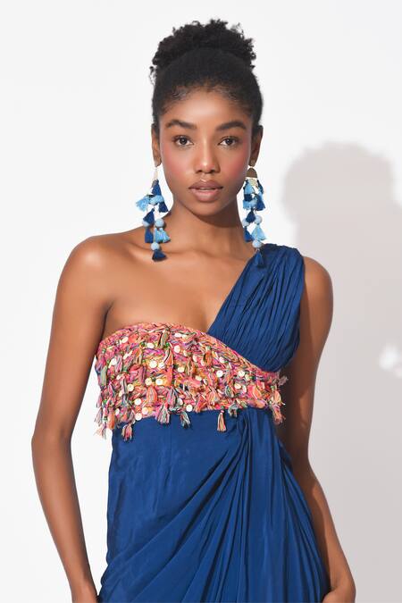 Rishi and Vibhuti Blue Crepe Embroidery Sequins One Shoulder Fusion Flame Gown  4