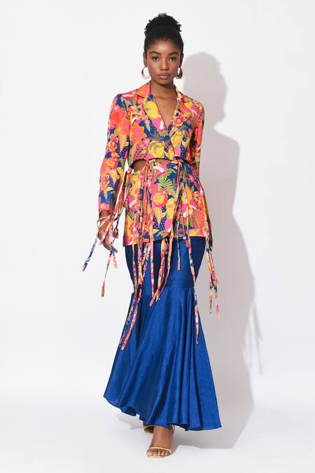 Rishi & Vibhuti Multi Color Crepe Printed Floral Collar Ocean Array Jacket With Gharara Pant