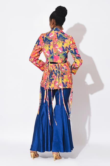 Rishi and Vibhuti Ocean Array Floral Printed Jacket With Gharara Pant 