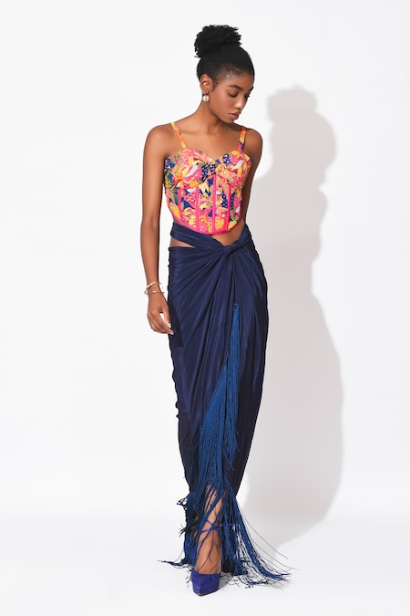 Rishi & Vibhuti Multi Color Crepe Printed Floral Twilight Embroidered Corset With Skirt