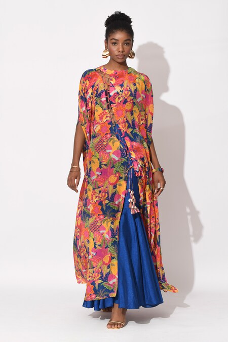 Rishi and Vibhuti Multi Color Crepe Printed Floral Round Neck Cross Overlay Top With Skirt 