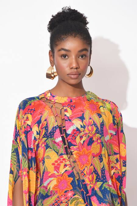 Rishi and Vibhuti Multi Color Crepe, Silk Fringe Round Neck Cross Overlay Printed Top With Skirt Online at Aza Fashions Rishi and Vibhuti_Multi Color Crepe, Silk Fringe Round Neck Cross Overlay Printed Top With Skirt _Online_at_Aza_Fashions