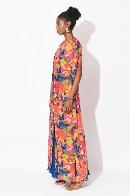 Shop Rishi and Vibhuti Multi Color Crepe, Silk Fringe Round Neck Cross Overlay Printed Top With Skirt Online at Aza Fashions Shop_Rishi and Vibhuti_Multi Color Crepe, Silk Fringe Round Neck Cross Overlay Printed Top With Skirt _Online_at_Aza_Fashions