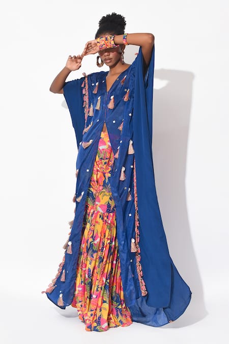 Rishi and Vibhuti Multi Color Crepe Printed Floral V-neck Fervent Embellished Kaftan With Pant 