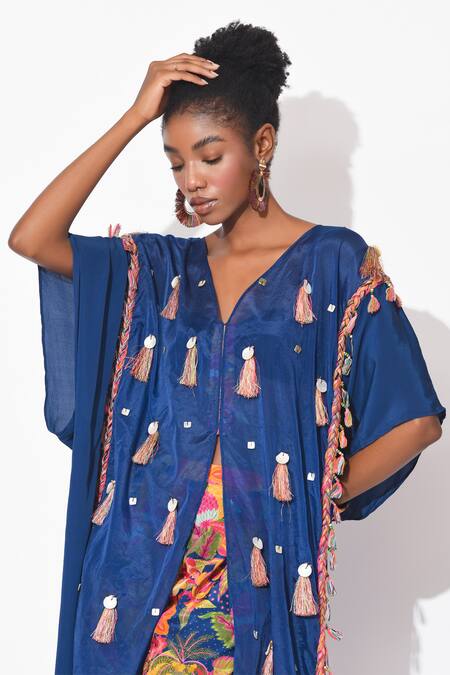 Rishi and Vibhuti_Multi Color Organza, Crepe Tassels, Fervent Embellished Kaftan With Pant _Online_at_Aza_Fashions