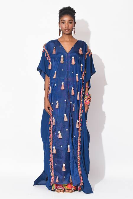 Buy_Rishi and Vibhuti_Multi Color Organza, Crepe Tassels, Fervent Embellished Kaftan With Pant _Online_at_Aza_Fashions