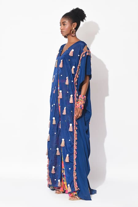Rishi and Vibhuti_Multi Color Organza, Crepe Tassels, Fervent Embellished Kaftan With Pant _at_Aza_Fashions