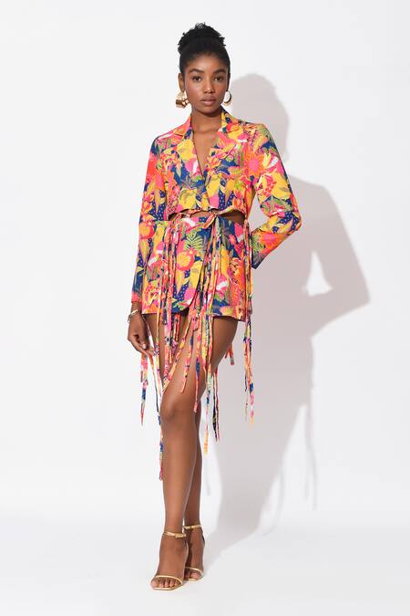 Rishi and Vibhuti Multi Color Crepe Printed Floral Lapel Mystic Muse Blazer Dress 