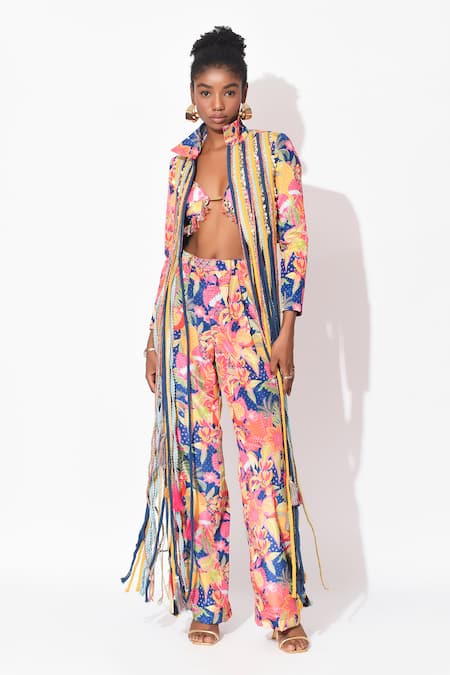 Shop Rishi and Vibhuti Multi Color Crepe Fringe V-neck, Collared Confetti Sizzle Embellished Pant Set Online at Aza Fashions Shop_Rishi and Vibhuti_Multi Color Crepe Fringe V-neck, Collared Confetti Sizzle Embellished Pant Set _Online_at_Aza_Fashions