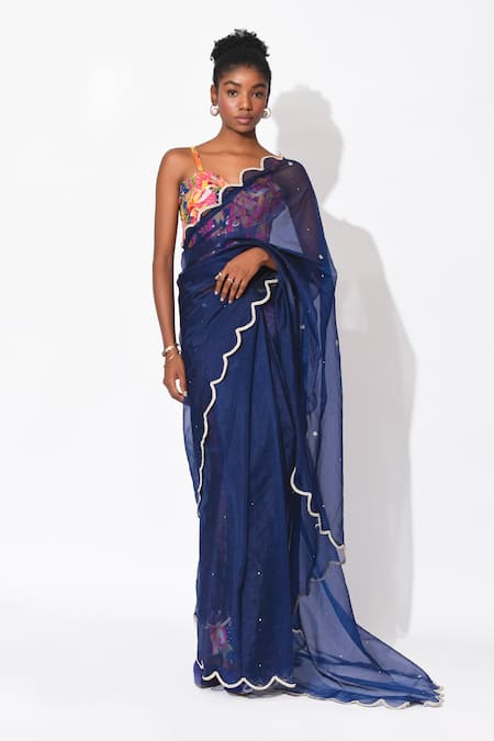 Rishi & Vibhuti Blue Crepe Printed Floral Starry Shoreline Embellished Corset With Saree