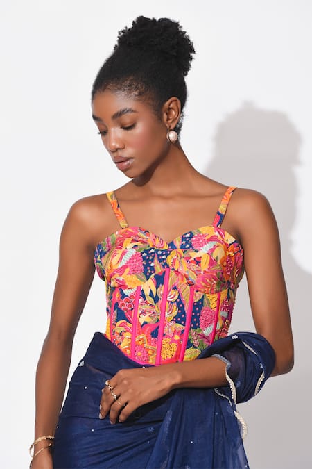 Rishi and Vibhuti_Blue Organza, Crepe Embroidery, Starry Shoreline Embellished Corset With Saree _Online_at_Aza_Fashions