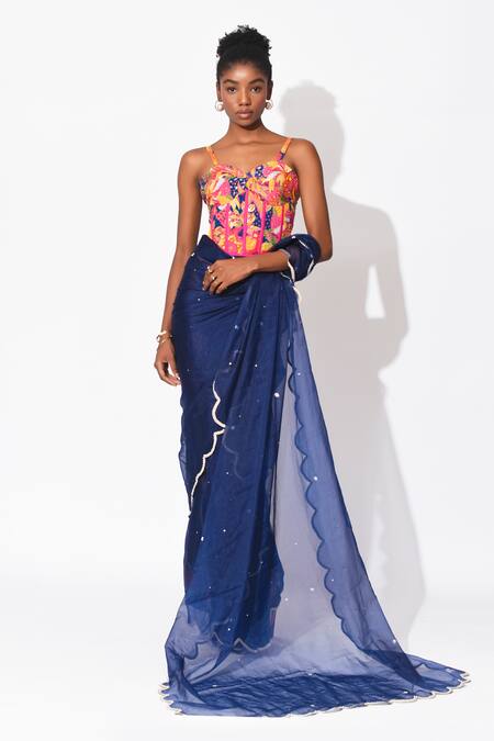 Buy_Rishi and Vibhuti_Blue Organza, Crepe Embroidery, Starry Shoreline Embellished Corset With Saree _Online_at_Aza_Fashions