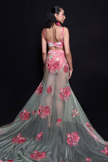 Shop Rishi and Vibhuti Pink Organza, Crepe Embroidery, Cut Work Coastal Affair Hand Bustier With Pant at Aza Fashions Shop_Rishi and Vibhuti_Pink Organza, Crepe Embroidery, Cut Work Coastal Affair Hand Bustier With Pant_at_Aza_Fashions