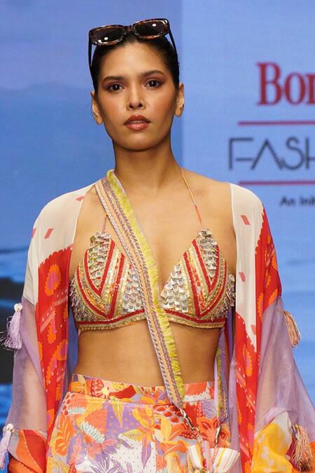 Rishi and Vibhuti Multi Color Organza, Crepe Embroidery Halter Sunset Charm Hand Cape Pant Set Online at Aza Fashions Rishi and Vibhuti_Multi Color Organza, Crepe Embroidery Halter Sunset Charm Hand Cape Pant Set _Online_at_Aza_Fashions