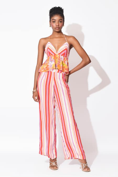 Rishi & Vibhuti Orange Crepe Printed Floral And Stripe Halter Neck Sway Symphony 2 Pant With Top