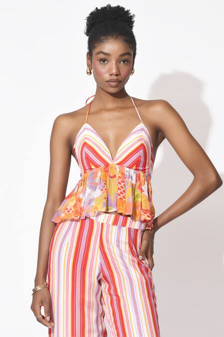 Buy_Rishi and Vibhuti_Orange Crepe Cut Work, Embroidery Halter Neck Sway Symphony 2 Pant With Top _Online_at_Aza_Fashions