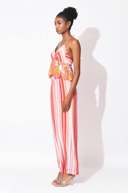 Rishi and Vibhuti_Orange Crepe Cut Work, Embroidery Halter Neck Sway Symphony 2 Pant With Top _at_Aza_Fashions