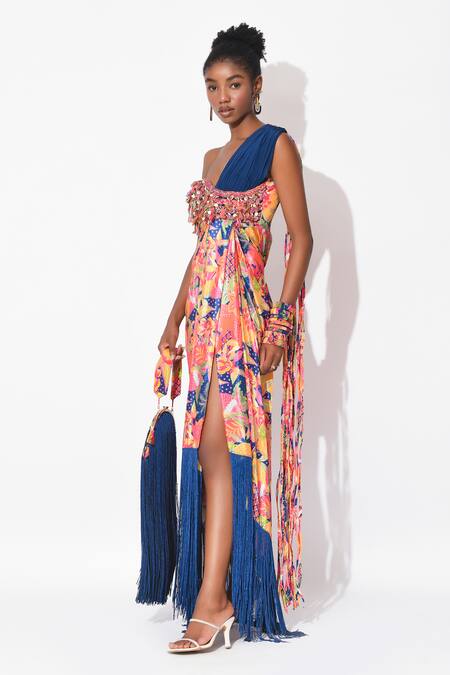 Shop Rishi and Vibhuti Multi Color Crepe Sequins, Cut Work One Shoulder Fusion Flame Floral Print Gown at Aza Fashions Shop_Rishi and Vibhuti_Multi Color Crepe Sequins, Cut Work One Shoulder Fusion Flame Floral Print Gown_at_Aza_Fashions