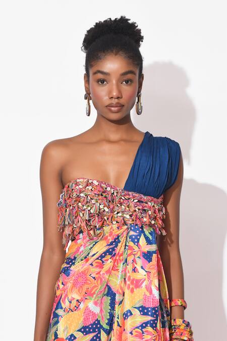Rishi and Vibhuti Multi Color Crepe Sequins, Cut Work One Shoulder Fusion Flame Floral Print Gown Online at Aza Fashions Rishi and Vibhuti_Multi Color Crepe Sequins, Cut Work One Shoulder Fusion Flame Floral Print Gown_Online_at_Aza_Fashions