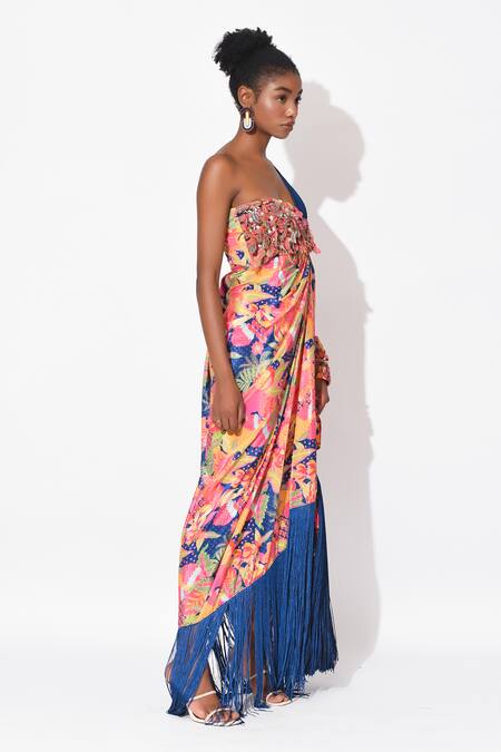Buy Rishi and Vibhuti Multi Color Crepe Sequins, Cut Work One Shoulder Fusion Flame Floral Print Gown Online at Aza Fashions Buy_Rishi and Vibhuti_Multi Color Crepe Sequins, Cut Work One Shoulder Fusion Flame Floral Print Gown_Online_at_Aza_Fashions