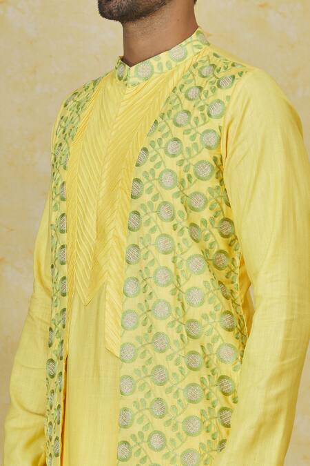 Shop_Priyanka Haralalka_Yellow Cotton Embroidery Resham Panelled Kurta Set_Online_at_Aza_Fashions