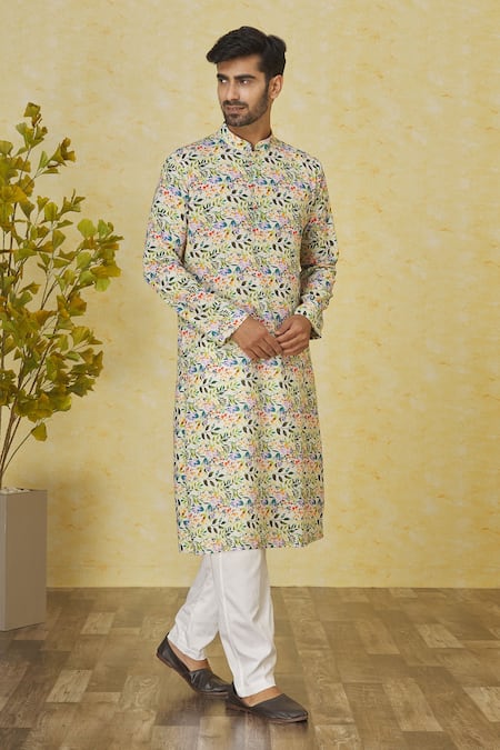 Buy Priyanka Haralalka Green Silk Leaf Print Kurta And Pant Set Online at Aza Fashions Buy_Priyanka Haralalka_Green Silk Leaf Print Kurta And Pant Set _Online_at_Aza_Fashions