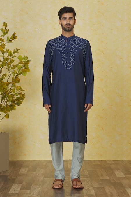 Priyanka Haralalka Blue Silk Embroidery Yoke Kurta Set Online at Aza Fashions Priyanka Haralalka_Blue Silk Embroidery Yoke Kurta Set _Online_at_Aza_Fashions