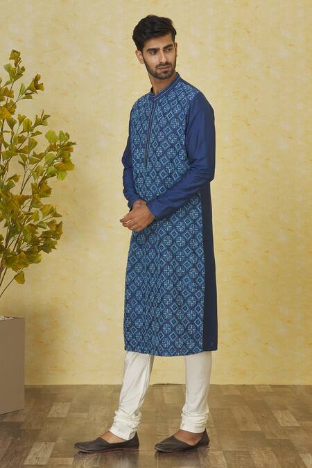 Buy_Priyanka Haralalka_Blue Silk Embroidery Kantha Stitch Kurta Set _Online_at_Aza_Fashions