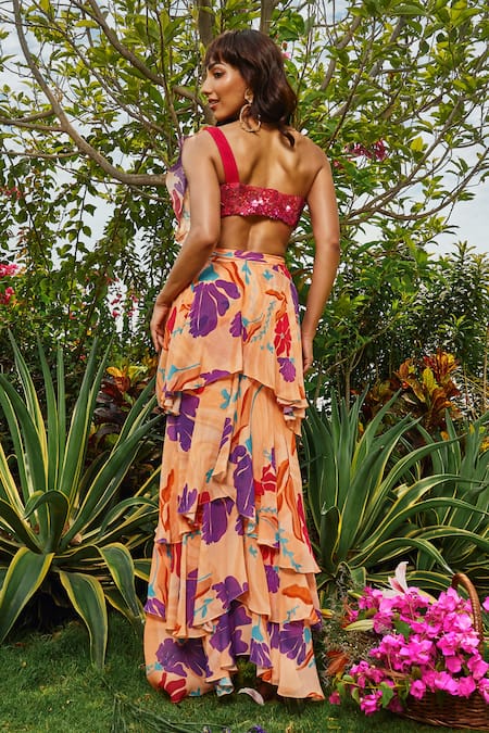 Babita Malkani Floral Print Ruffle Pre-Draped Saree 