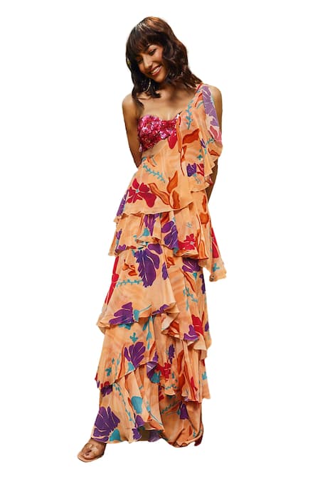 Buy Babita Malkani Peach Georgette Floral Print Ruffle Pre-draped Saree Online at Aza Fashions Buy_Babita Malkani_Peach Georgette Floral Print Ruffle Pre-draped Saree _Online_at_Aza_Fashions