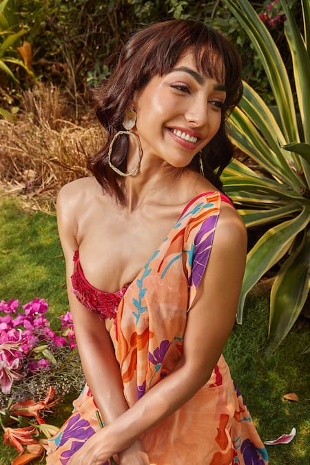 Buy Babita Malkani Peach Georgette Floral Print Ruffle Pre-draped Saree Buy_Babita Malkani_Peach Georgette Floral Print Ruffle Pre-draped Saree