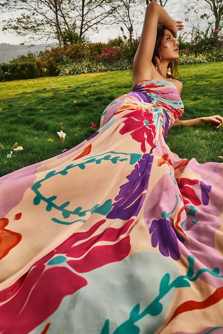 Buy_Babita Malkani_Peach Georgette Bandeau Neck Floral Print Draped Dress _Online_at_Aza_Fashions