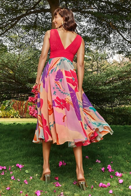 Babita Malkani Pink Organza, Georgette Sequins, Embroidery V-neck Floral Print Midi Dress Online at Aza Fashions Babita Malkani_Pink Organza, Georgette Sequins, Embroidery V-neck Floral Print Midi Dress _Online_at_Aza_Fashions