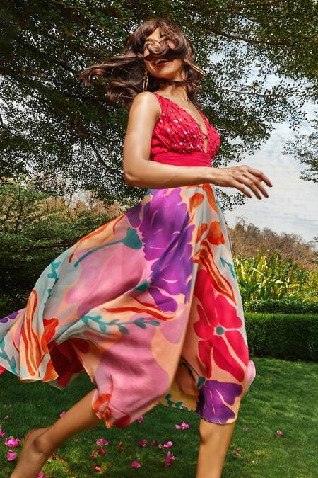 Shop Babita Malkani Pink Organza, Georgette Sequins, Embroidery V-neck Floral Print Midi Dress Online at Aza Fashions Shop_Babita Malkani_Pink Organza, Georgette Sequins, Embroidery V-neck Floral Print Midi Dress _Online_at_Aza_Fashions