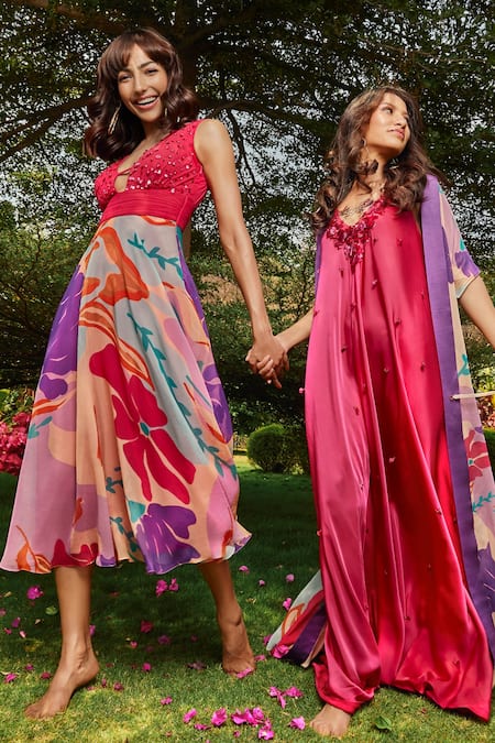 Babita Malkani Pink Organza, Georgette Sequins, Embroidery V-neck Floral Print Midi Dress at Aza Fashions Babita Malkani_Pink Organza, Georgette Sequins, Embroidery V-neck Floral Print Midi Dress _at_Aza_Fashions